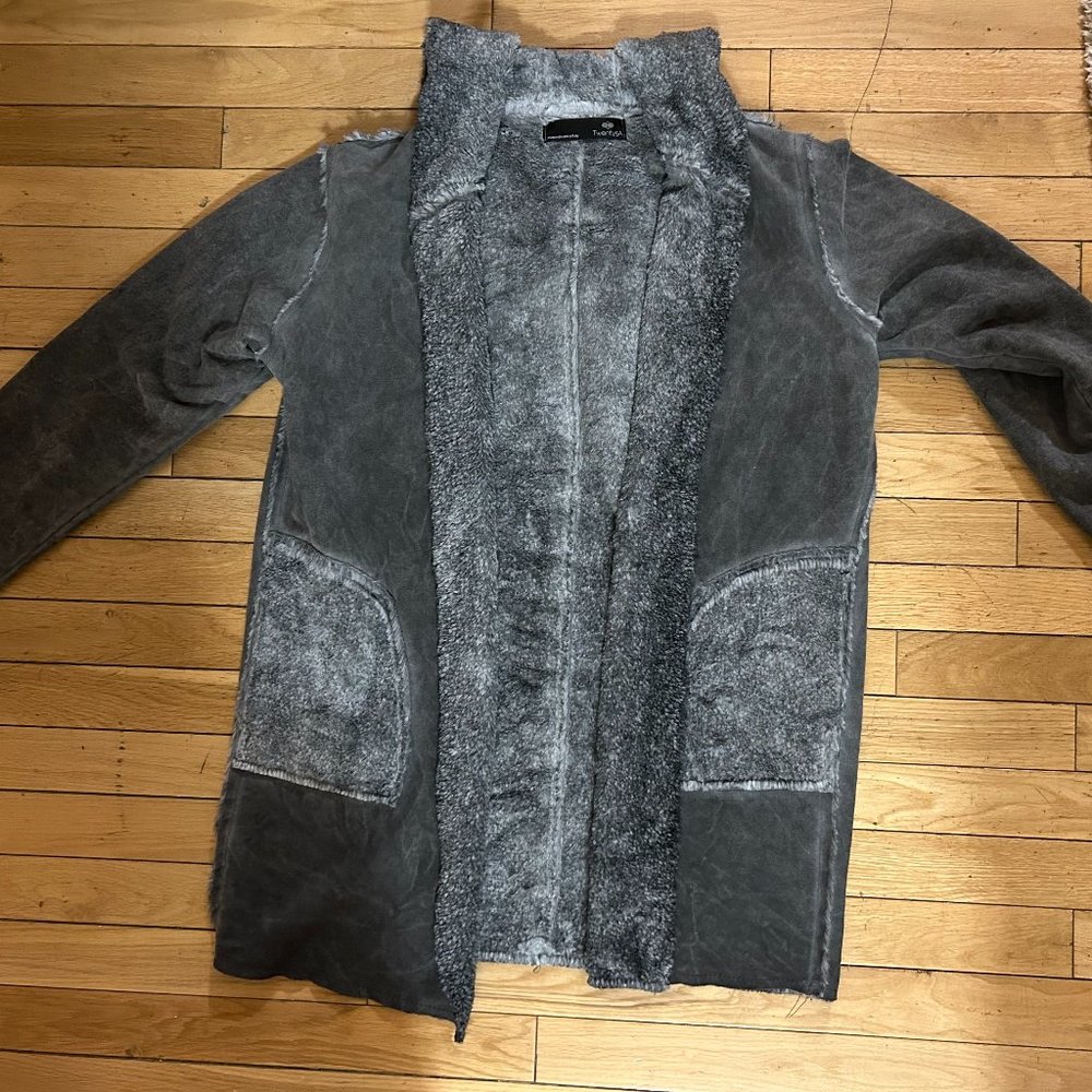 Faux Grey Fur Lined Suede Jacket with Pockets and Hood - Twenty5A